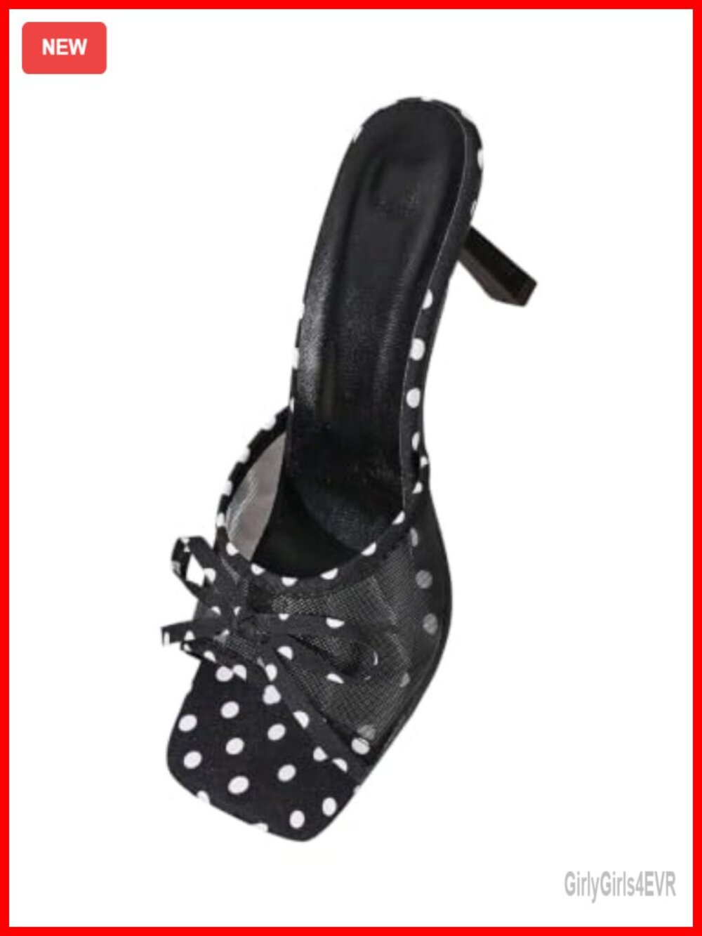 Mesh Polka Dots Bow Kitten Heel Mules Square Toe Slip On Dress Sandals
